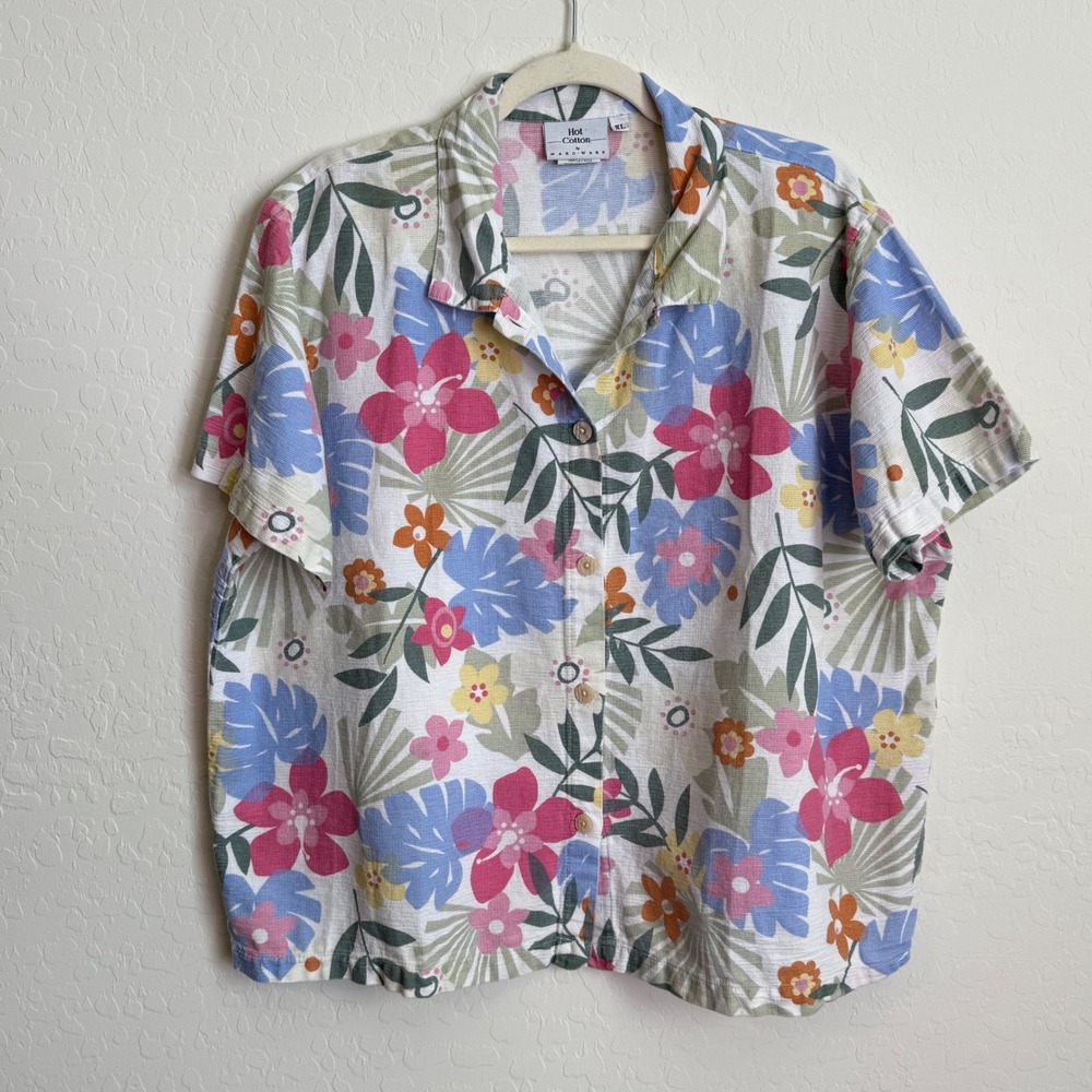 Hot Cotton Marc Ware‎ Floral Tropical Button Up Shirt XL Vacation Coastal Retro